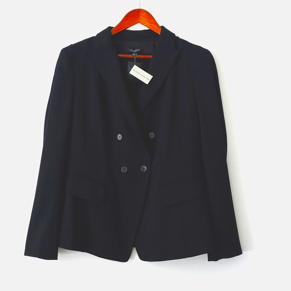 Ann Taylor black double breasted wool/poly blazer, pristine NWT